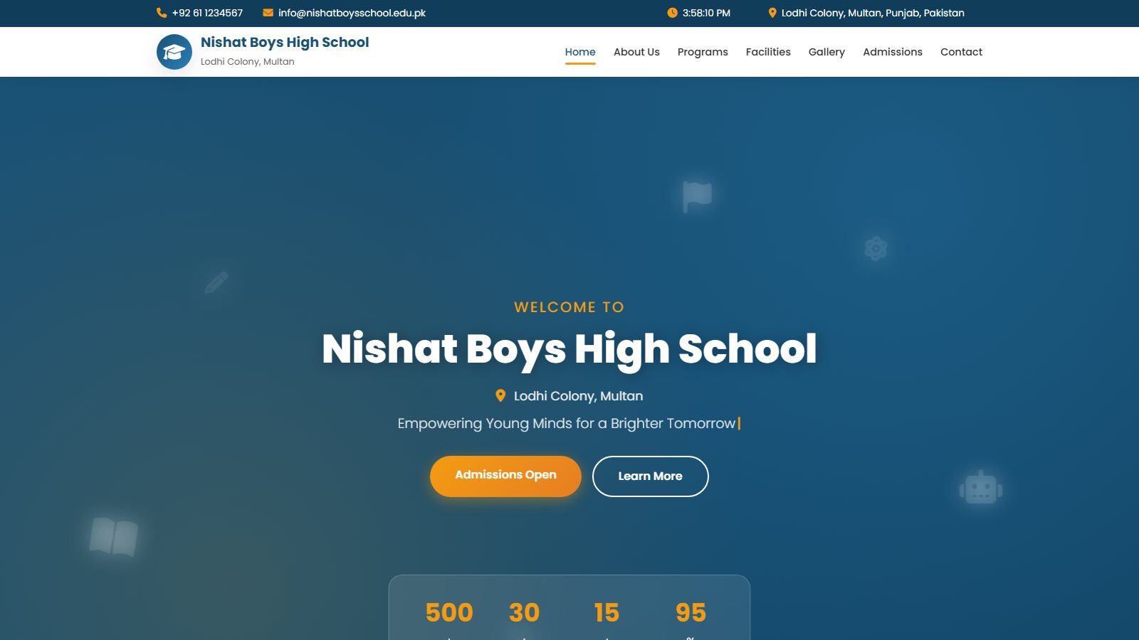 Nishat Boys High School website homepage - admissions and gallery, designed by Rayyan